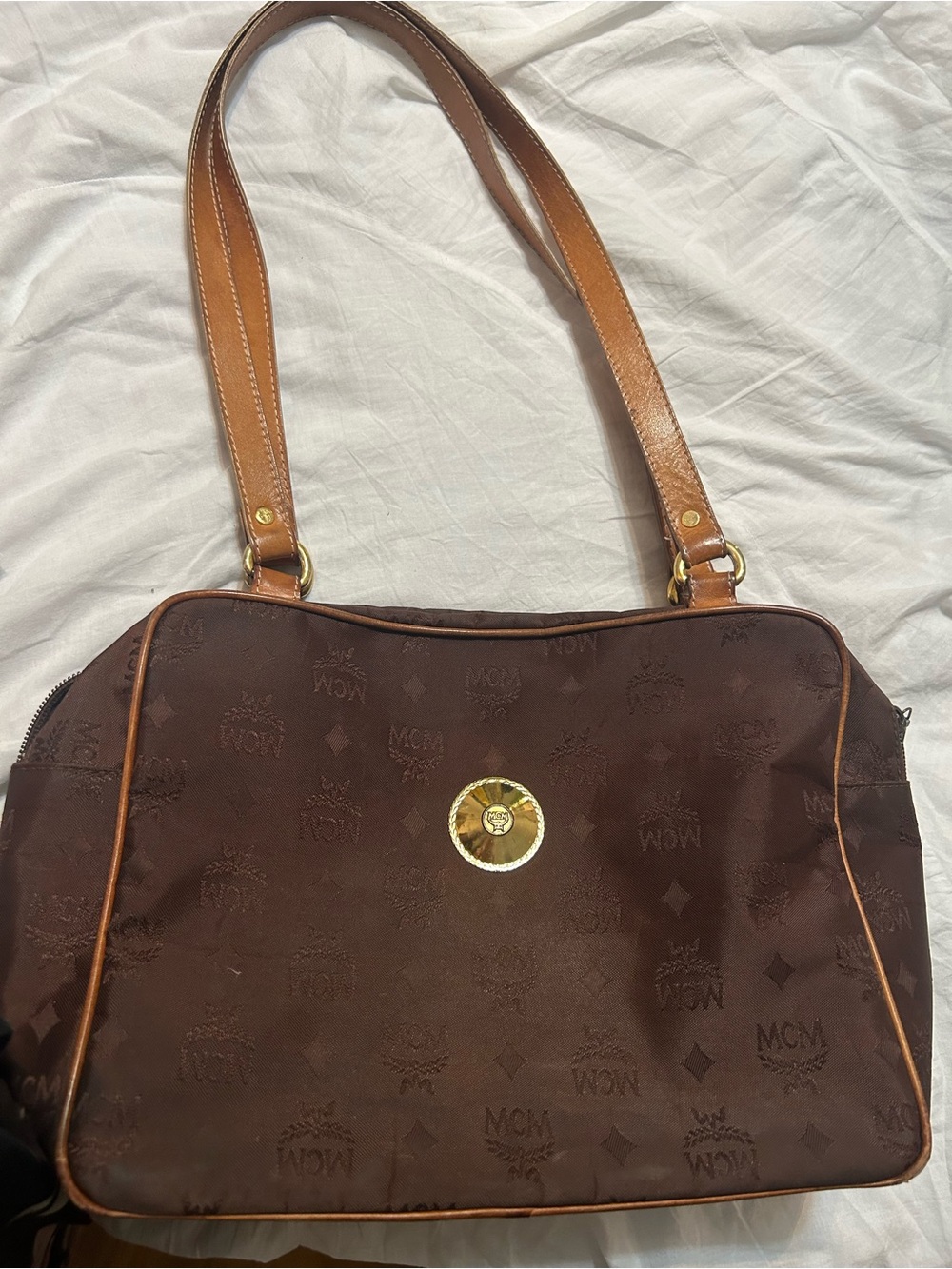 MCM Chocolate Brown Logo Jacquard Shoulder Bag with Tan Trim